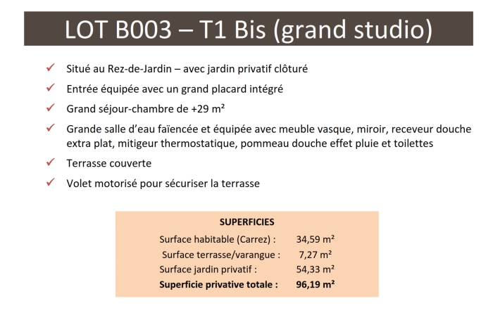 Grand studio neuf - T1 Bis - avec jardin privatif