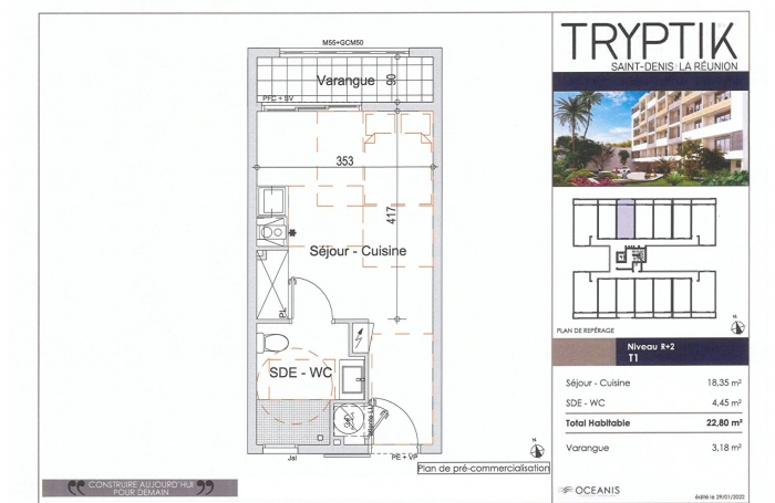 Location Appartement 22.79m² 1 pièce Sainte Clotilde