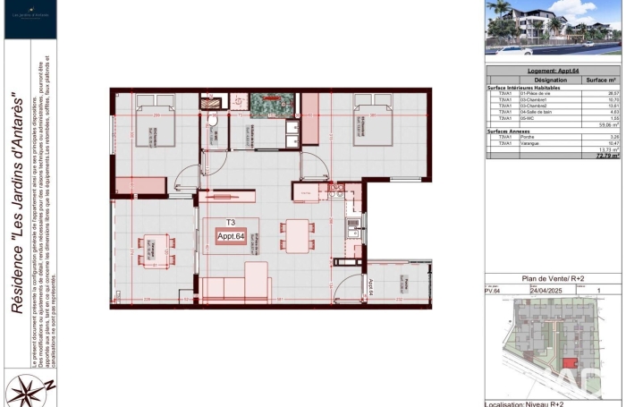 Vente Appartement 59m&sup2; 3 pièces Sainte Marie