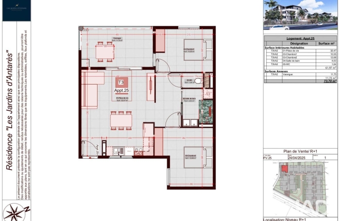 Vente Appartement 61m&sup2; 3 pièces Sainte Marie